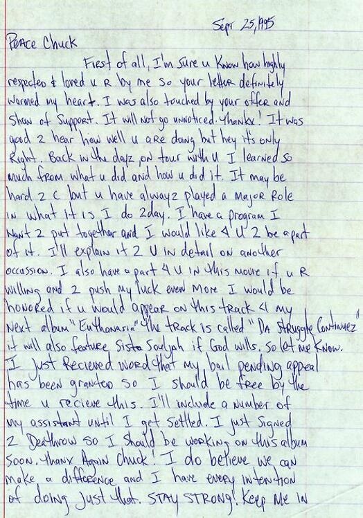 Letter Tupac Wrote To Chuck D From Prison (September 1995)